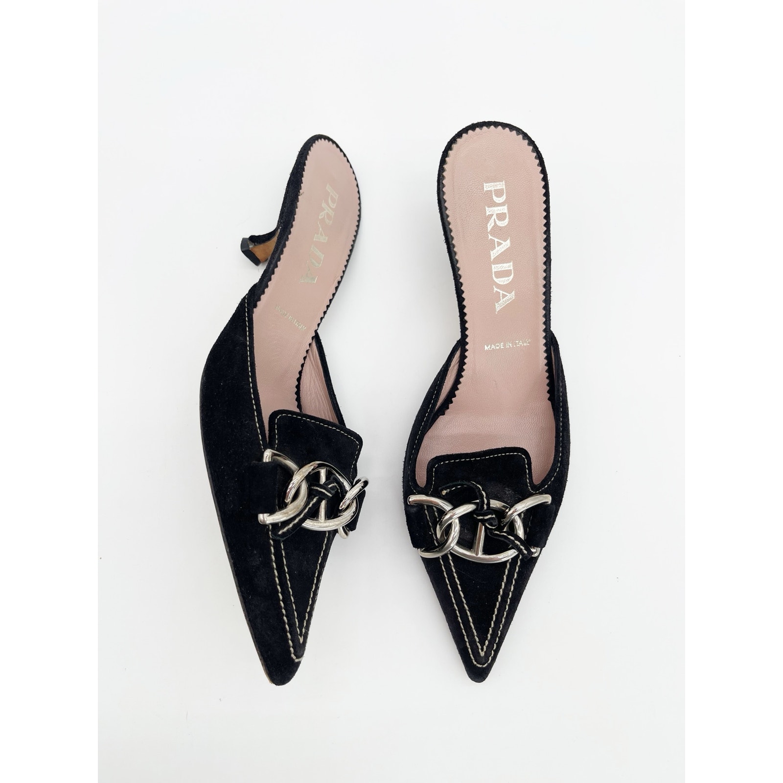 Prada Retro Vintage Y2k Black Suede Chain Pointed Toe Kitten Heel Mules It 35